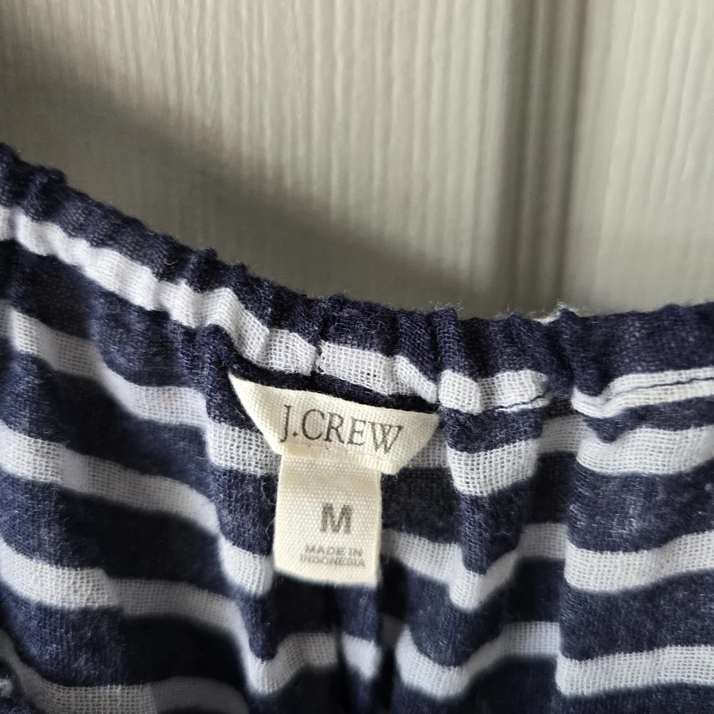 J Crew Sheeer Blouse  Medium Women Navy Blue White Striped Cotton See Thru